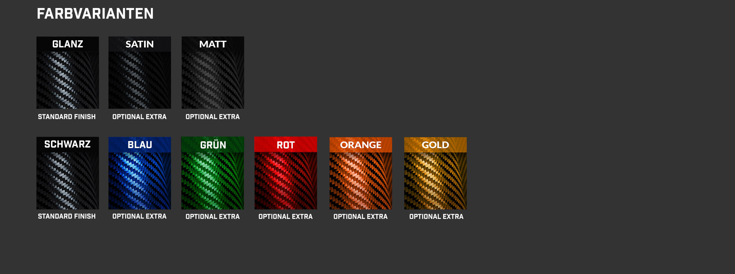 Farbvarianten Carbonfelgen - Glanz- Satin - Matt - Schwarz - Blau - Gruen - Rot - Orange - Gold